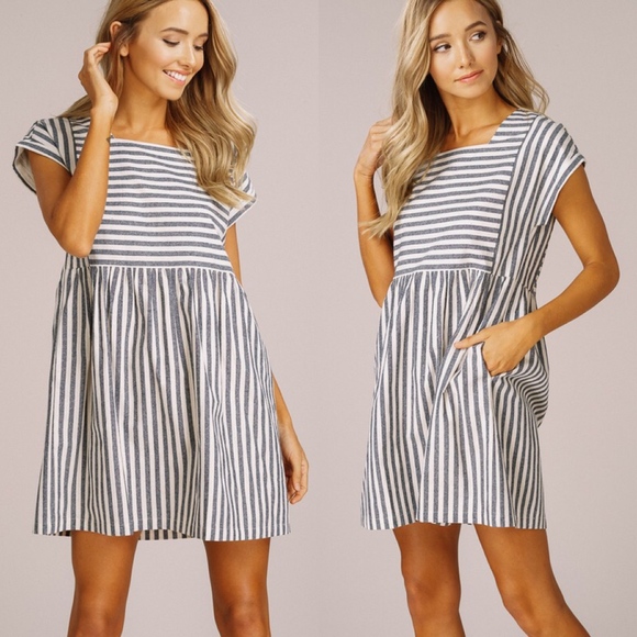 LAST // Navy Stripe Pleated Babydoll Dress - Picture 3 of 6